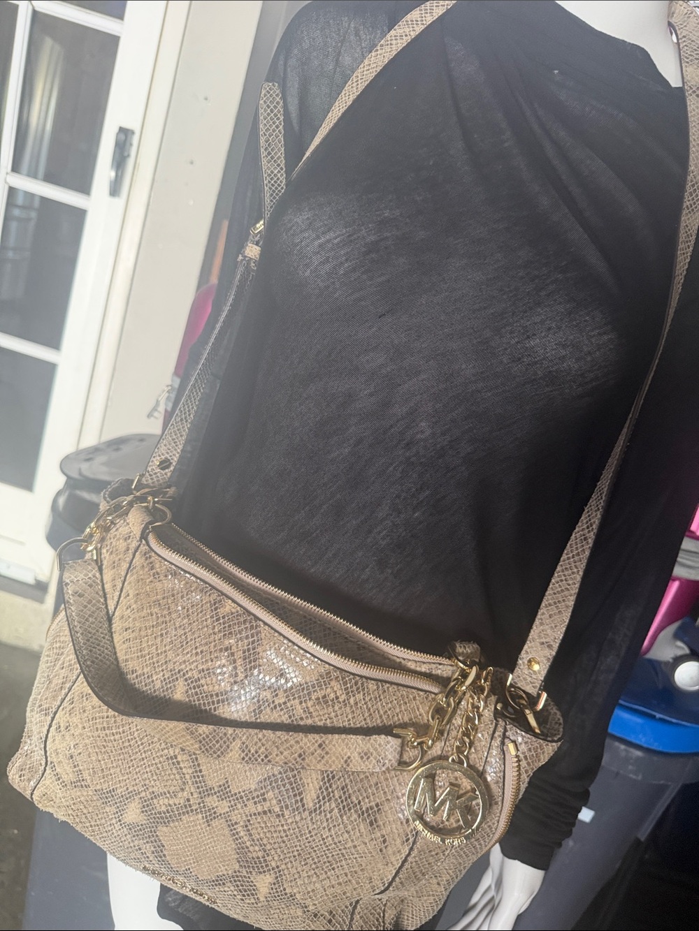 Michael Kors Beige Snake-Print Shoulder Bag with Gold Hardware